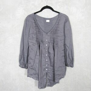 Poetry Womens Linen Pintuck Pleated Tunic Blouse Gray Blue V-Neck 3/4 Sleeve